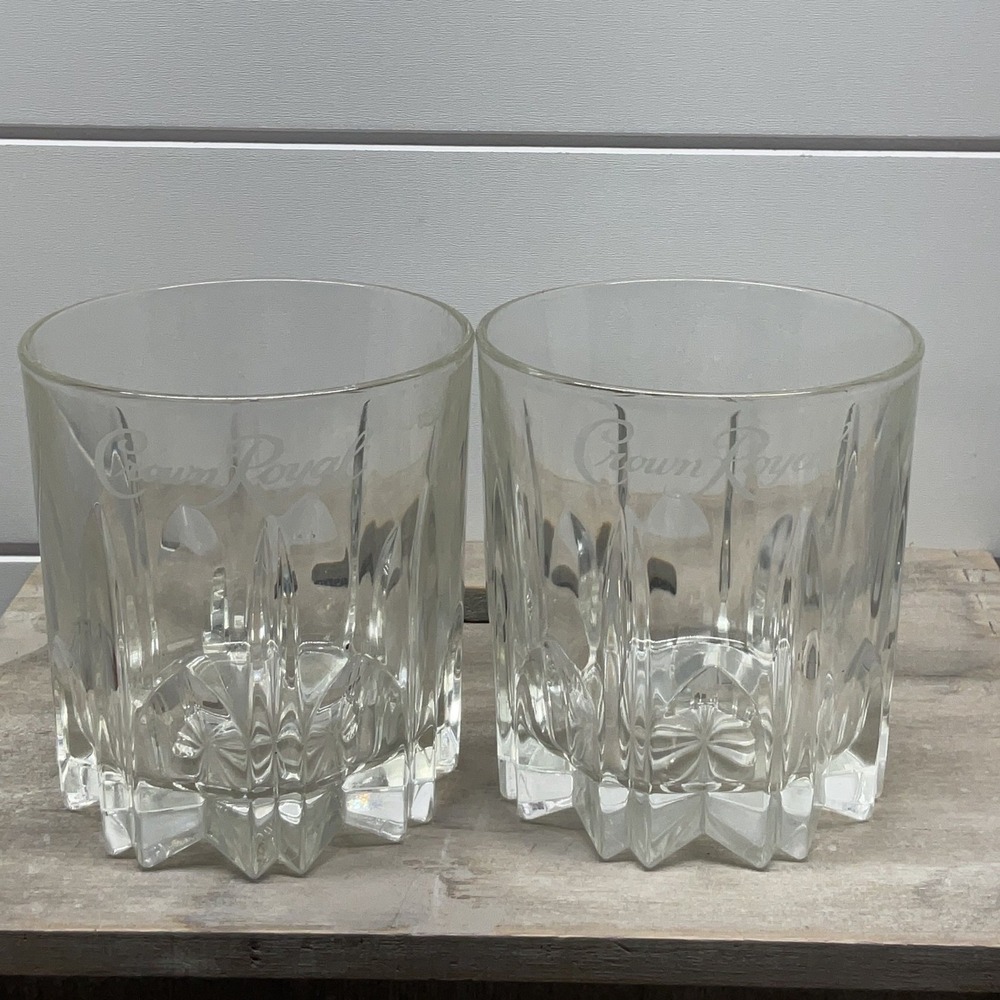 Crown Royal Whiskey Glasses Set of 2 Etched Logo Lowball Rocks Glass Faceted